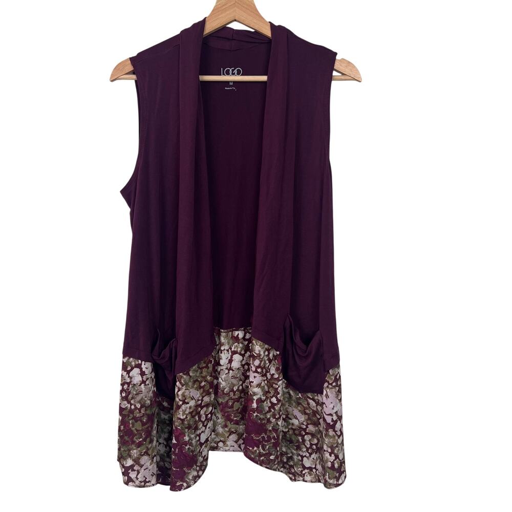 LOGO Lori Goldstein Women's Medium Plum Purple Long Open Front Printed‎ Vest